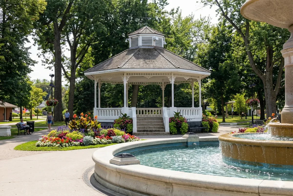 The historic central gazebo at Gage Park, Brampton, surrounded by manicured floral gardens and mature trees during a summer afternoon concert.