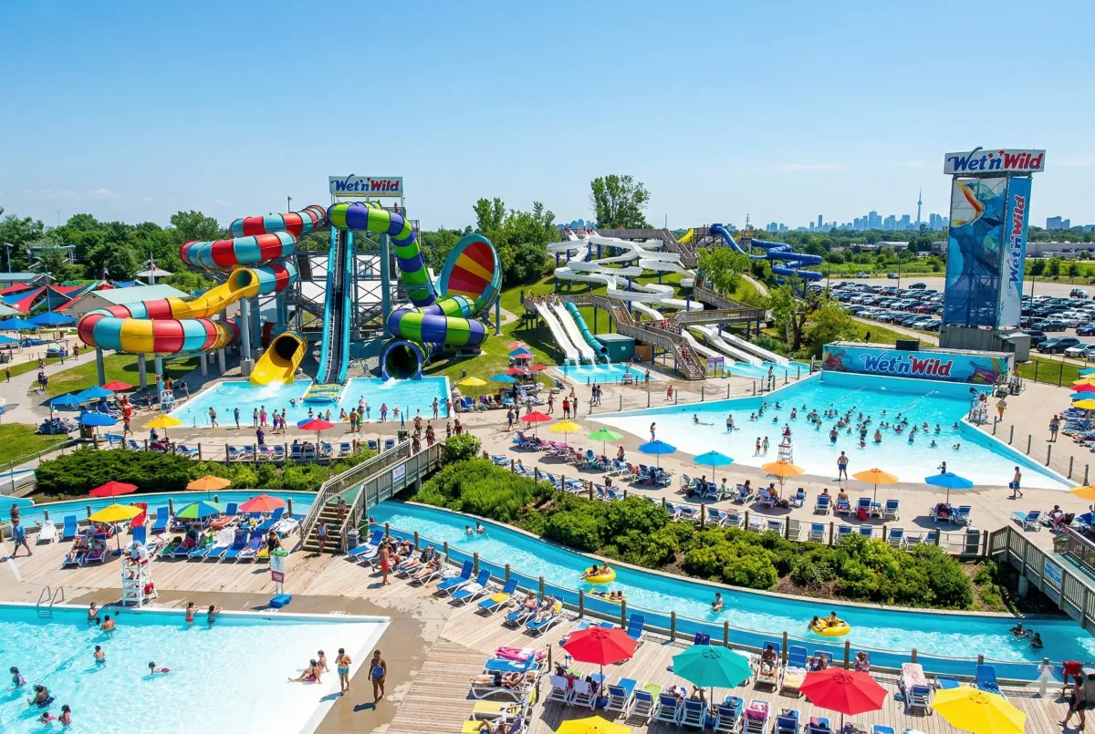 Sunbathers and swimmers at the Big Surf wave pool in Wet'n'Wild Toronto, showing the tropical-themed lounge area and massive outdoor pool in Brampton.