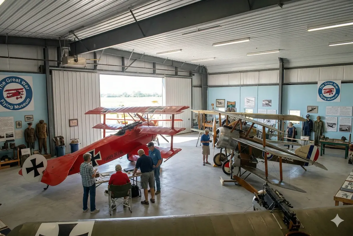 Newly renovated interior of the Great War Flying Museum, showcasing authentic WWI uniforms, machine guns, and aviation artifacts in a replica flight hut.