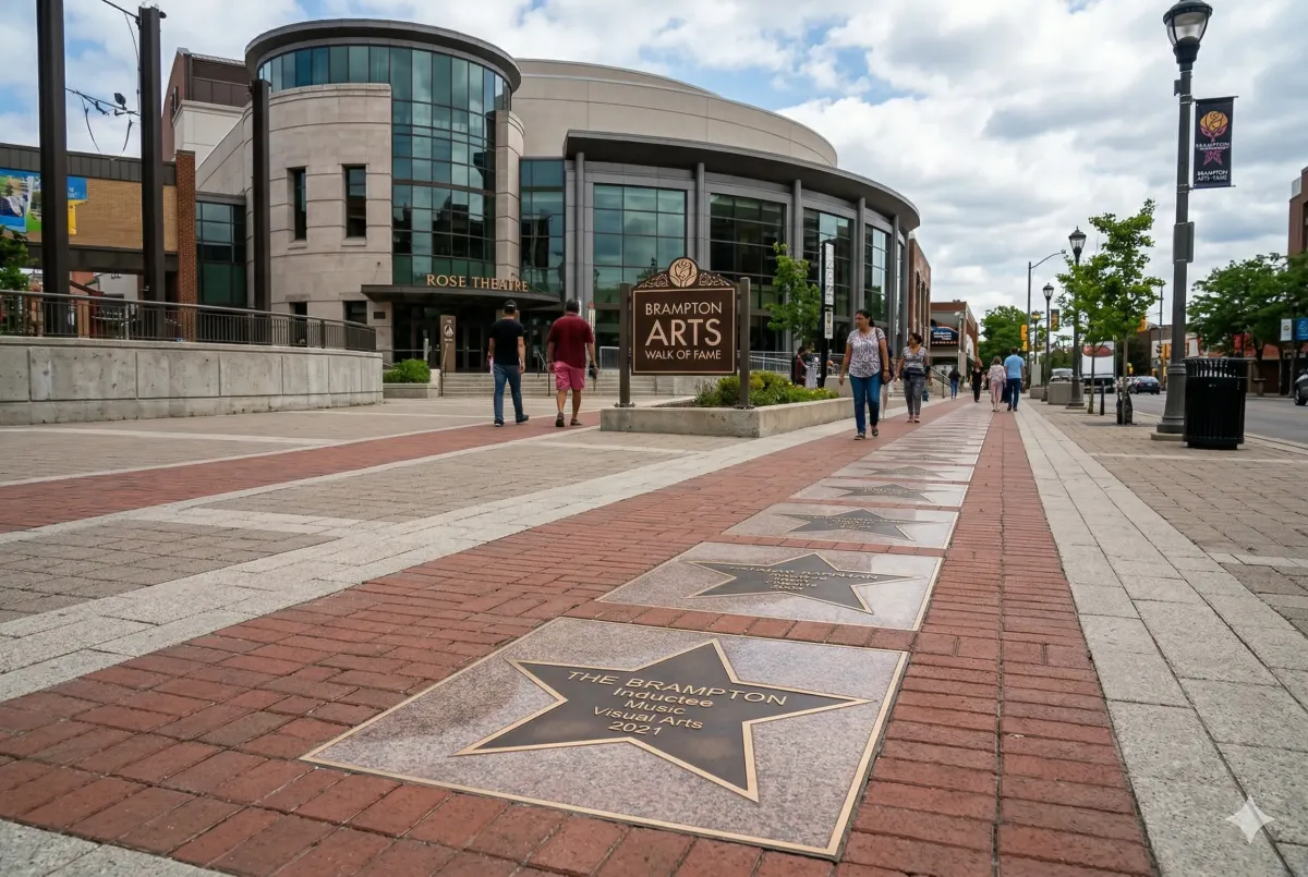 he Brampton Arts Walk of Fame in Garden Square, featuring the commemorative plaques of local legends like Russell Peters and Michael Cera near the Rose Theatre.
