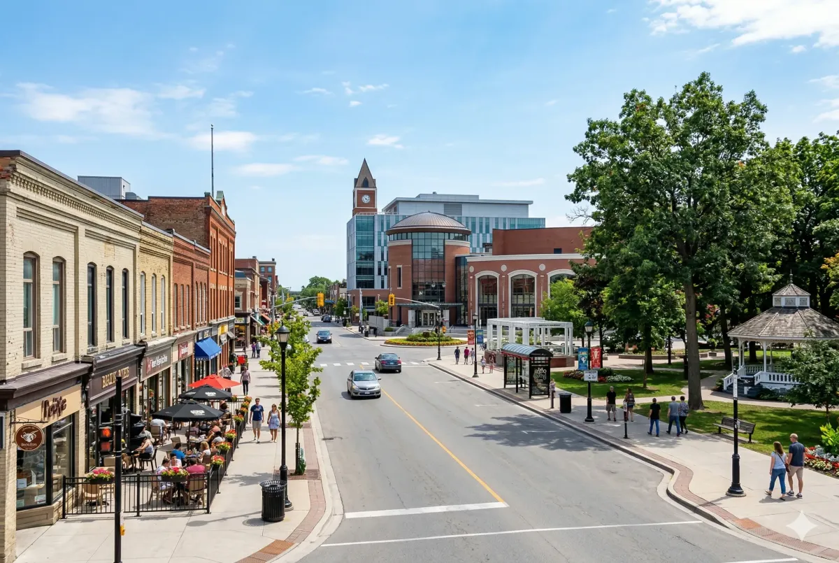 arden Square in downtown Brampton during a summer event, showing the giant LED screen and the iconic glass facade of the Rose Theatre.