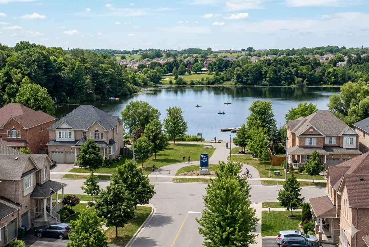 Aerial view of the heart-shaped kettle lake at Heart Lake Conservation Park in Brampton, surrounded by dense forest and hiking trails in the Etobicoke Creek watershed.