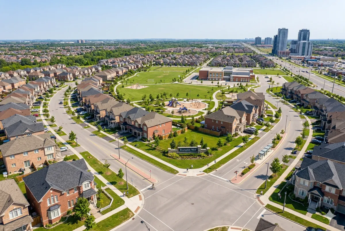 odern mixed-use residential development in Bram West, featuring high-density condos and townhomes near Mississauga Road and Financial Drive.