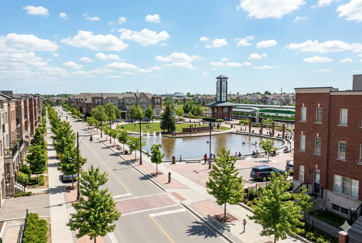 Mount Pleasant Village Square in Brampton featuring the outdoor skating rink, public art, and the landmark clock tower near the GO Station.