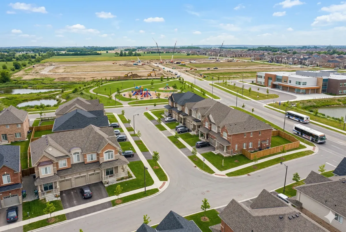 Architectural rendering of the Heritage Heights Town Centre in Northwest Brampton, a 2026 mixed-use development featuring walkable streets and high-density housing.