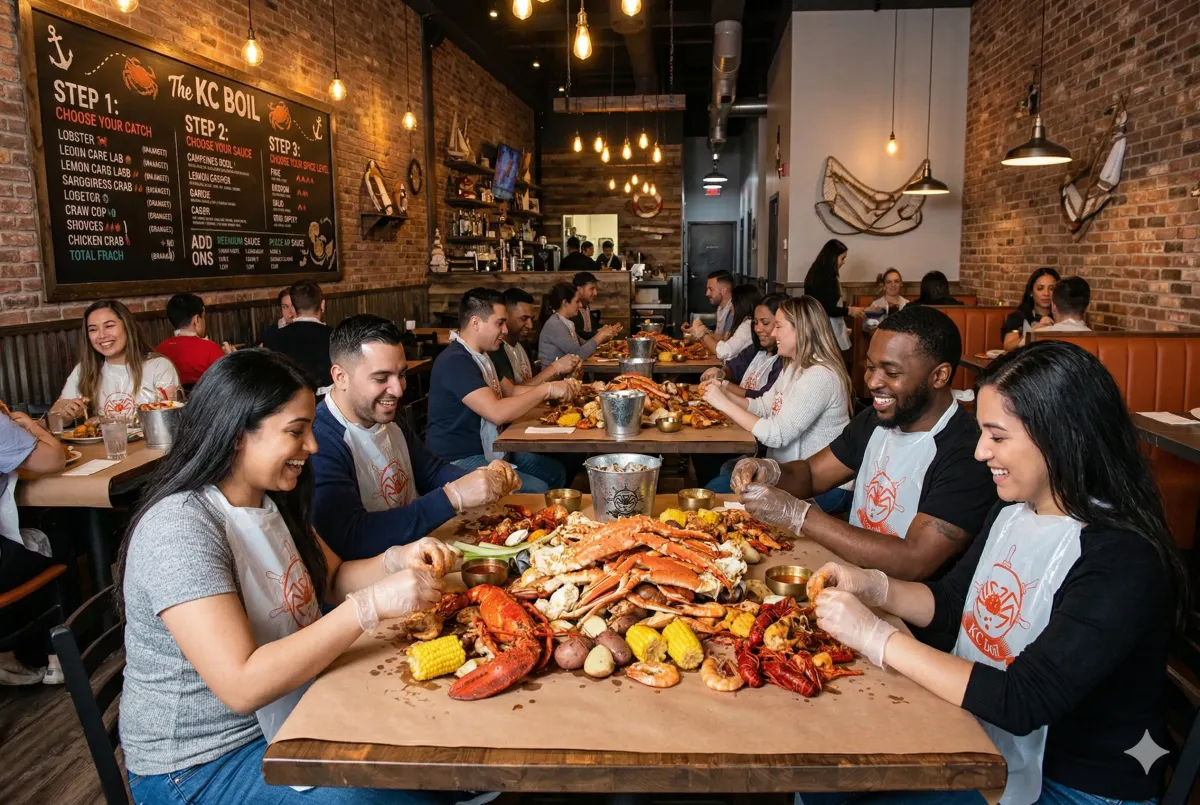 Group of friends enjoying a seafood boil at a popular restaurant in downtown Brampton's culinary district.