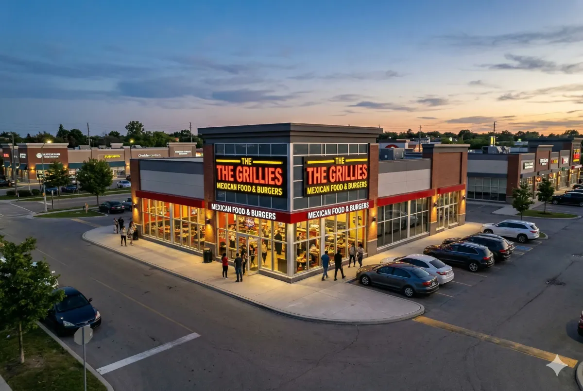 Exterior of Grillies in downtown Brampton, a 24-hour restaurant at 48 Queen Street West offering burgers, burritos, and tacos all day and nigh