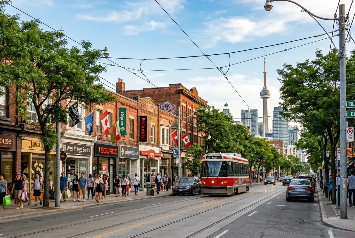 The 504 King streetcar at a modern accessible platform on Roncesvalles, a key transit link between the West End and downtown Toronto