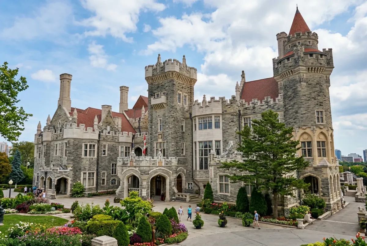Exterior of Casa Loma, a Gothic Revival castle and historic museum in Toronto, Ontario, featuring stone battlements and iconic turrets.