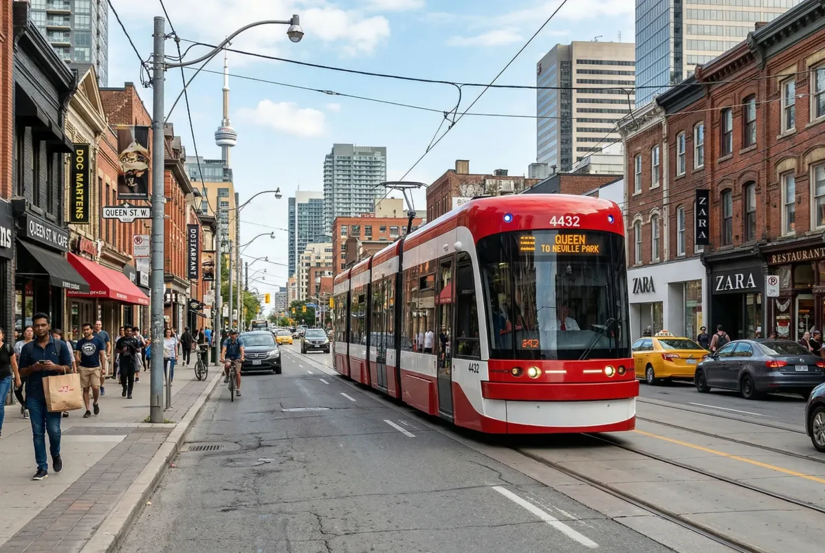 Red and white TTC streetcar traveling through downtown Toronto streets with city buildings in the background.