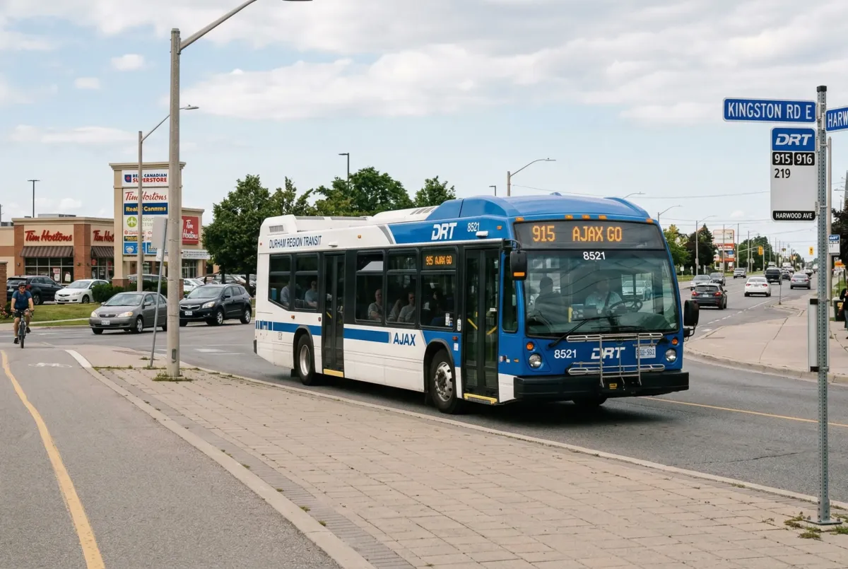 Durham Region Transit (DRT) bus Route 915 labeled "AJAX GO" driving on Kingston Road East near the intersection of Harwood Avenue South in Ajax.
