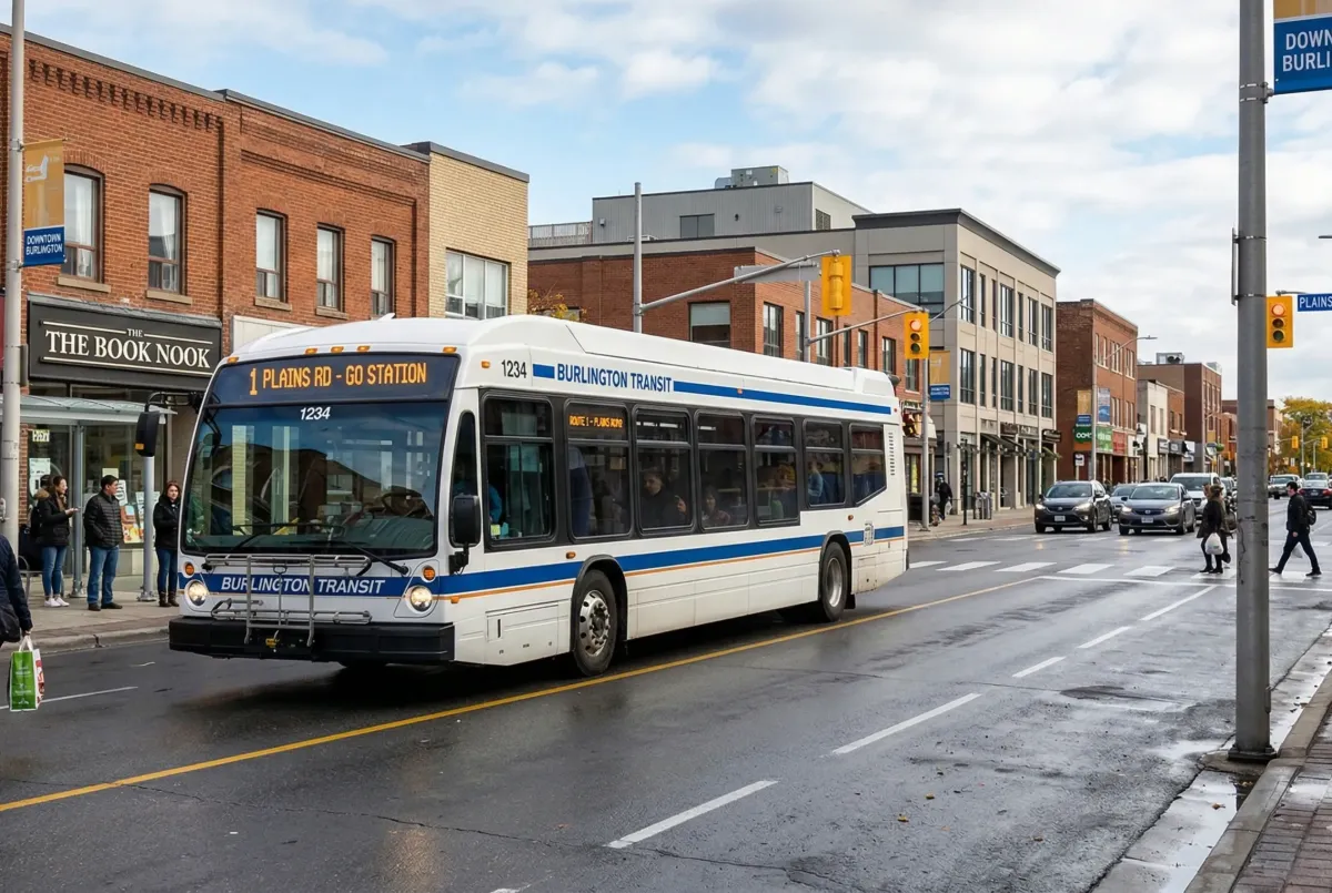 Burlington Transit bus stopped at a municipal bus shelter in Burlington, Ontario, featuring accessible boarding and local route information.