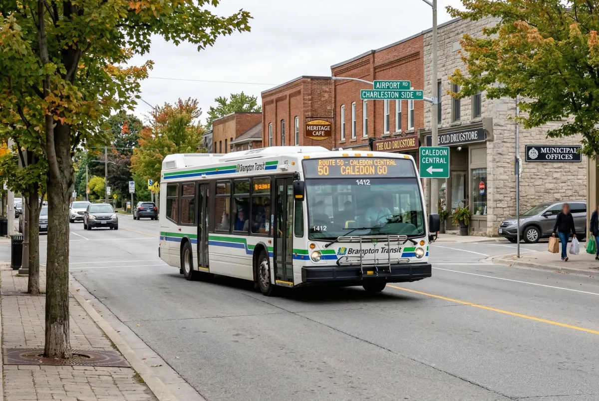 Brampton Transit bus Route 25 driving through a residential street in Caledon, Ontario, during a weekday morning commute.