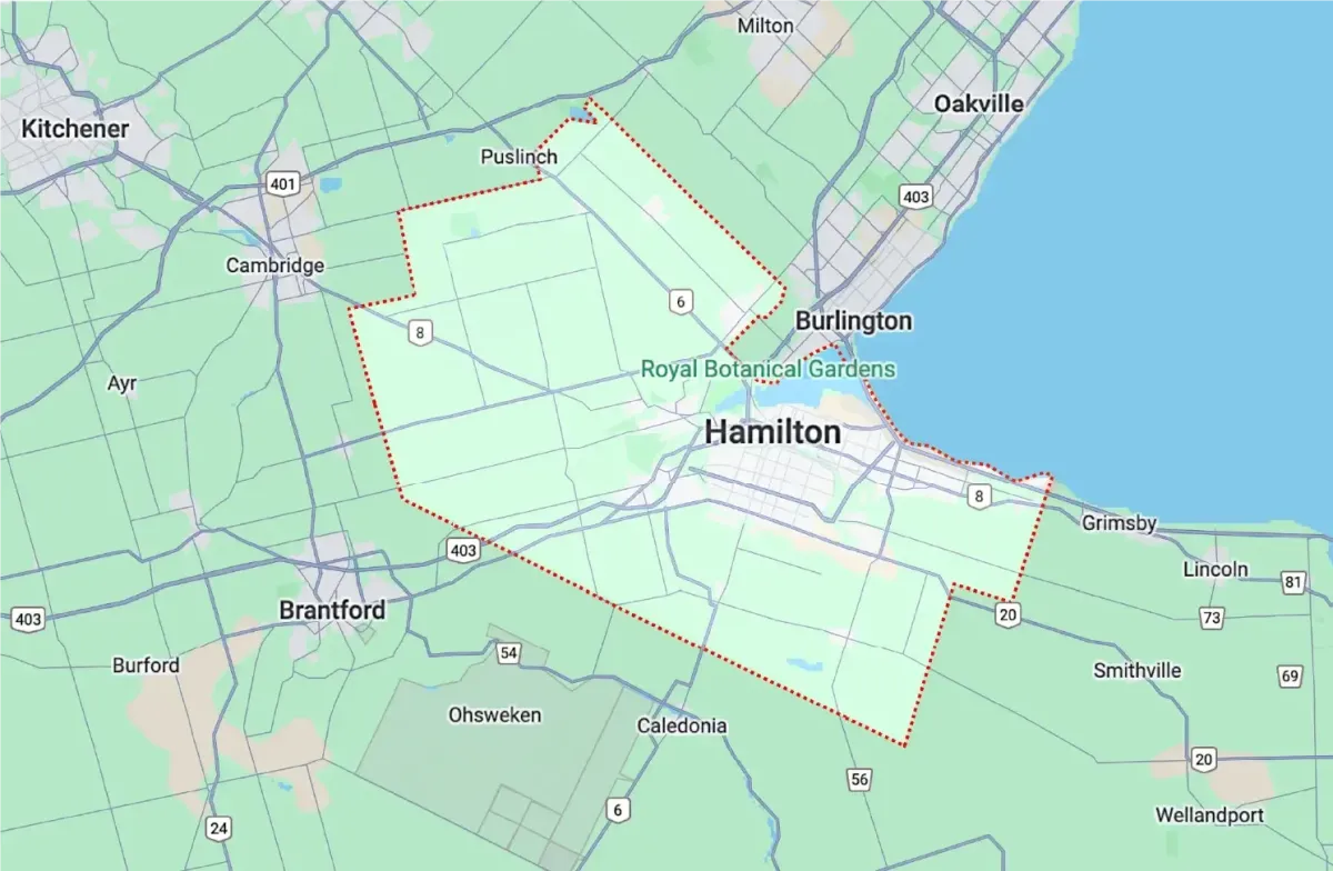 A detailed map highlighting the geographic location of Hamilton, Ontario within the Golden Horseshoe.