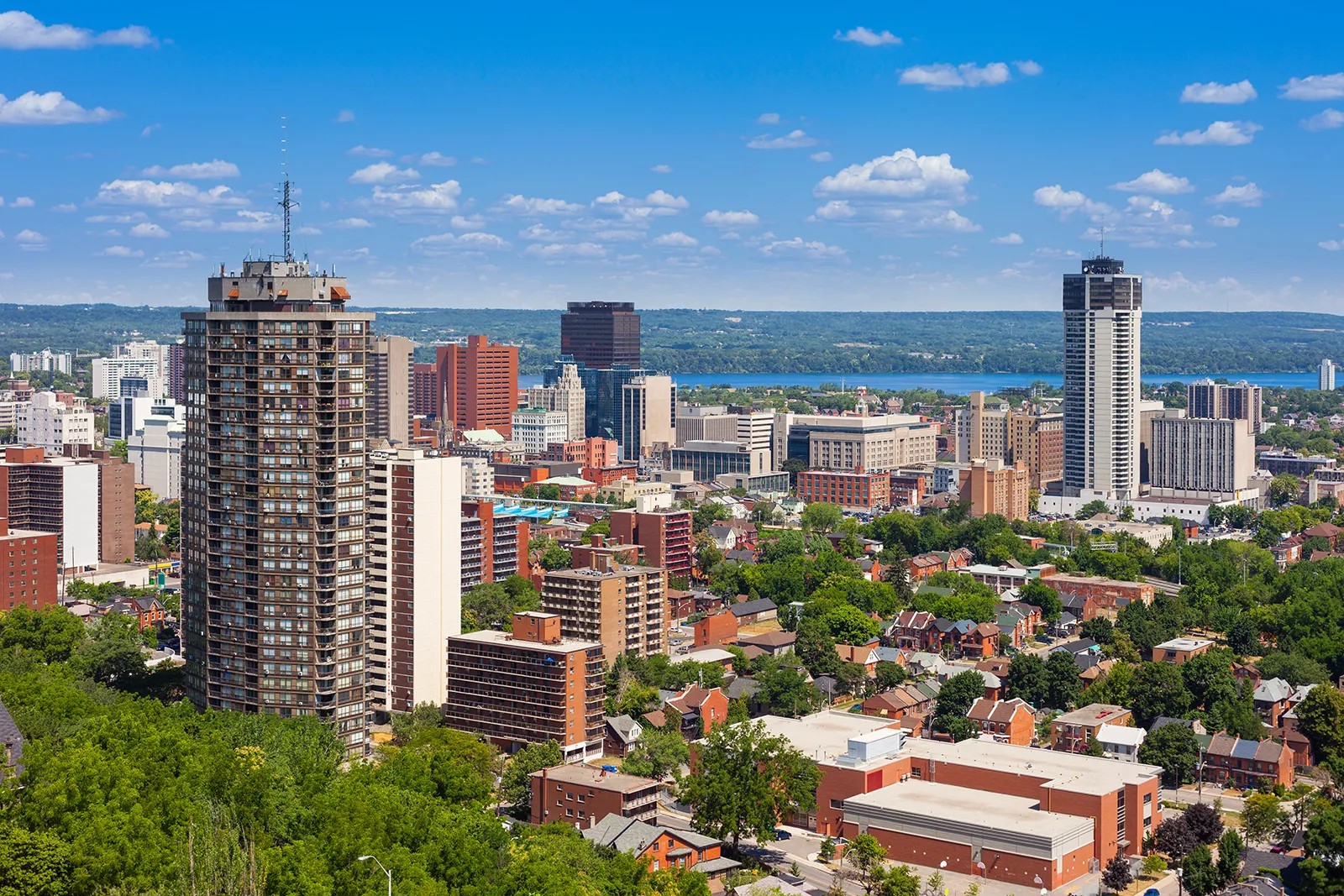 Panoramic view of downtown Hamilton, Ontario skyline featuring high-rise residential buildings, lush green trees, and the blue waters of Lake Ontario in the distance under a clear sky.
