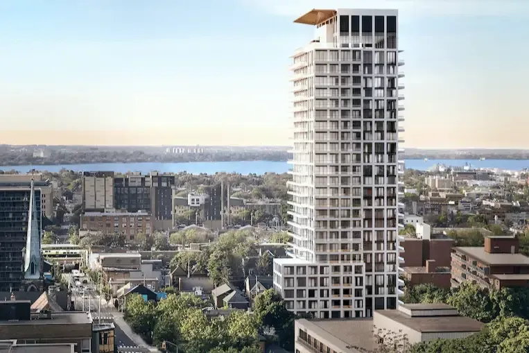 Modern high-rise architecture and urban city views in Corktown, Hamilton.