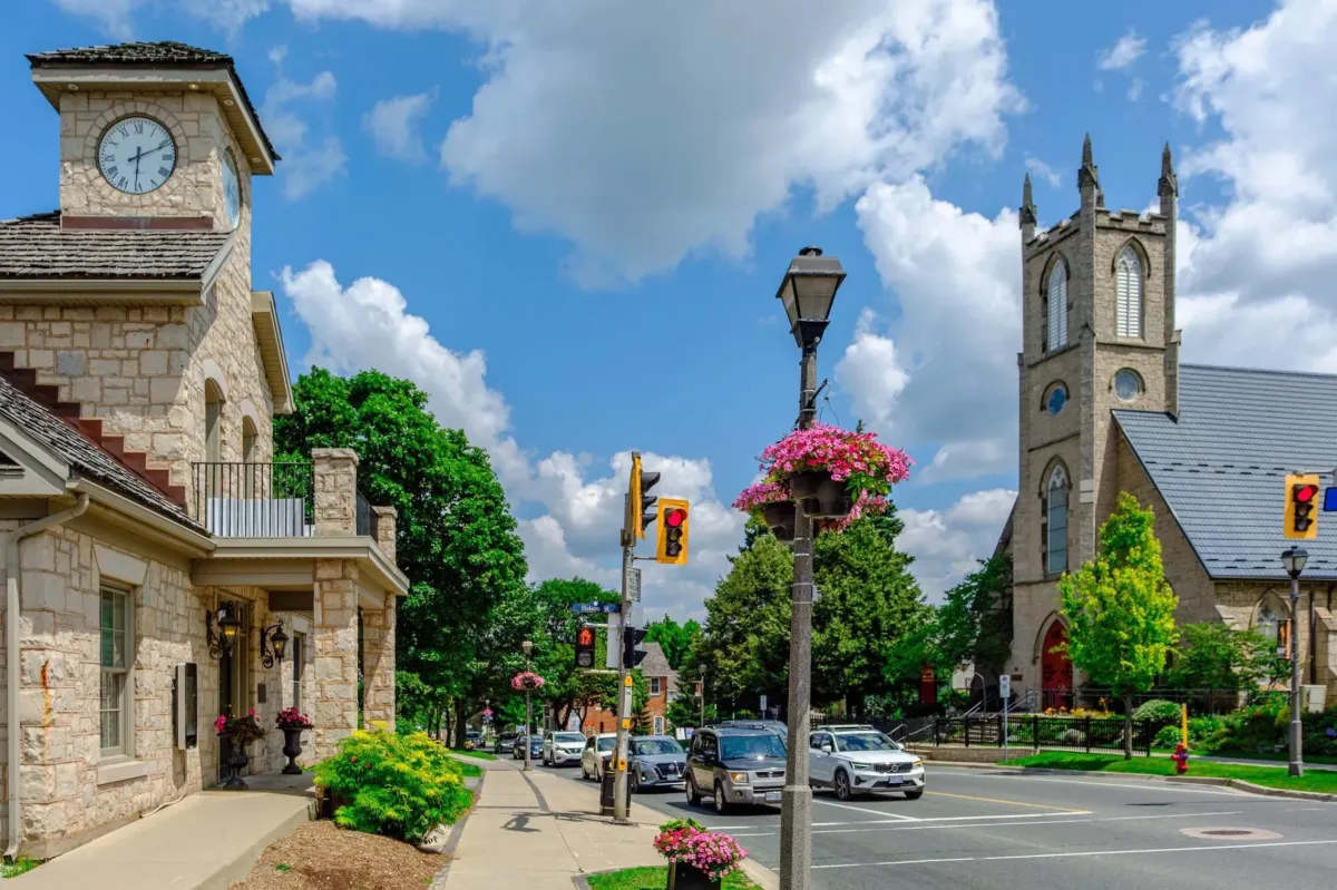 Street view of historic buildings and community charm in Ancaster, Hamilton.