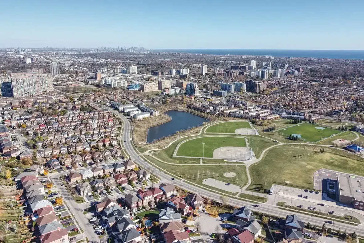 High-angle aerial view of the residential parks and green spaces in Sheridan.