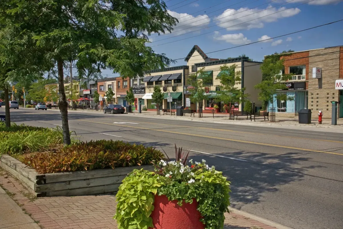 A quiet residential and commercial street in the Clarkson Village area of Mississauga.