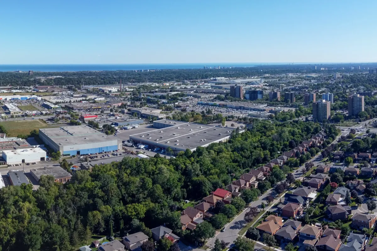 Aerial landscape showing the mix of residential and industrial areas in Dixie.