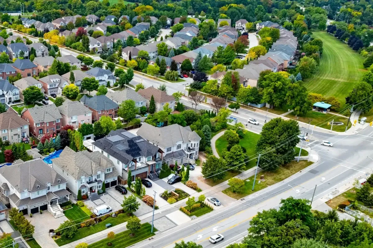 Aerial view of a lush, suburban residential neighborhood in Mississauga.