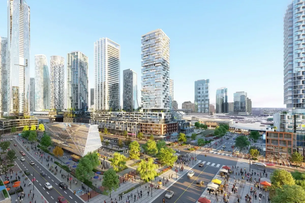 Modern office buildings and streetscape in the Mississauga business district.