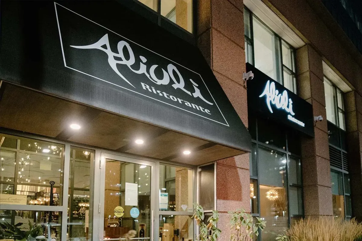The exterior storefront of Alioli Ristorante, a top Italian restaurant in Mississauga.