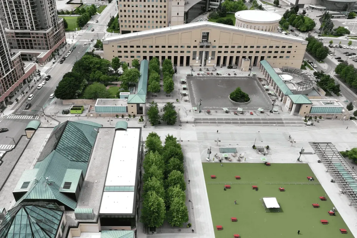 Aerial view of Celebration Square and Mississauga City Hall.
