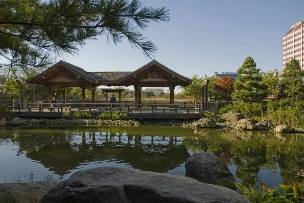 The serene Japanese-style pavilion and pond at Kariya Park in Mississauga.