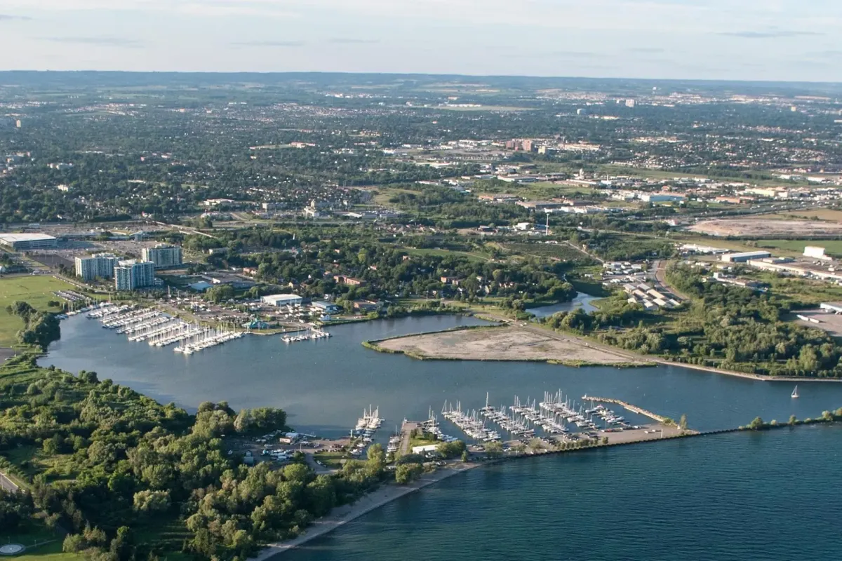 Scenic aerial view of the Whitby harbour and waterfront near Lake Ontario.