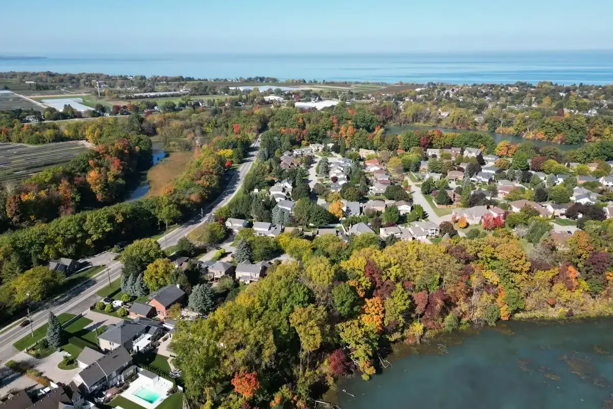 Aerial view of a lush, family-friendly residential neighborhood in Whitby.