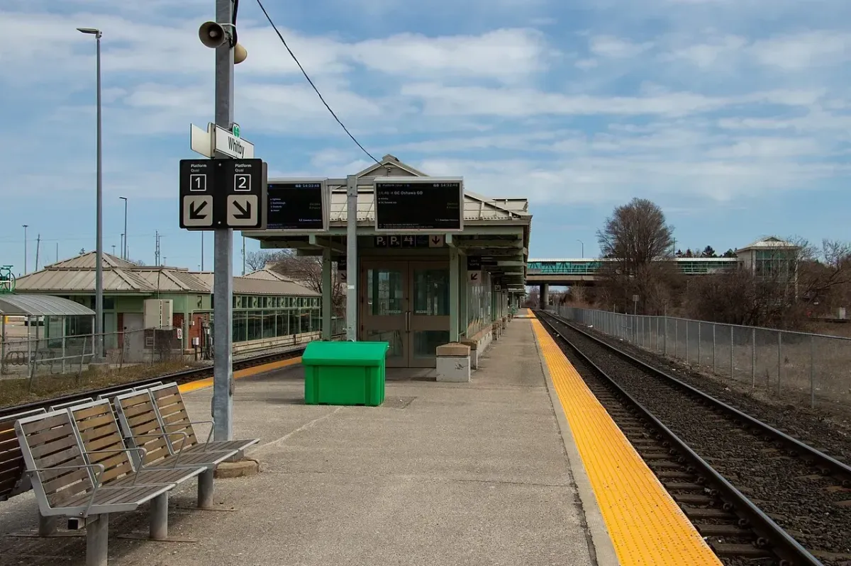 The Whitby GO Station platform, offering easy transit access to Mississauga and Toronto.