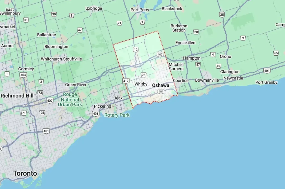 Map of Whitby, Ontario, showing its location within the GTA relative to Mississauga.