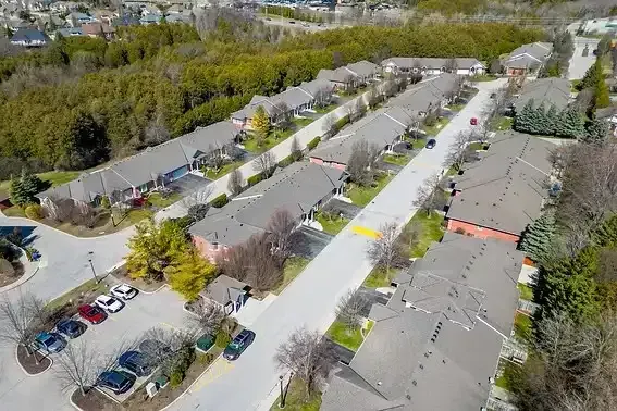 Aerial view of the lush, tree-lined Lynde Creek neighborhood in Whitby.