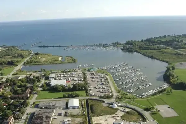 Aerial view of the Port Whitby marina and Lake Ontario waterfront near Mississauga.