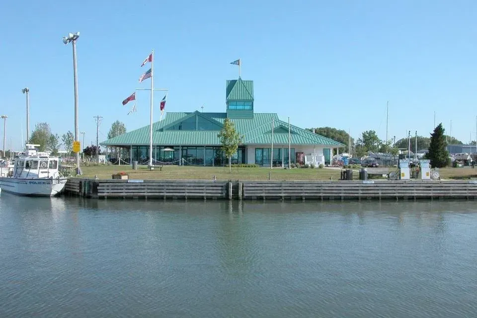 The scenic Port Whitby Marina building on the shores of Lake Ontario, popular with Mississauga boaters.
