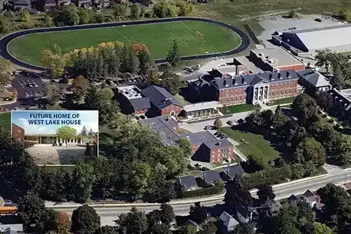 Aerial view of a local school building and campus grounds in Pickering.
