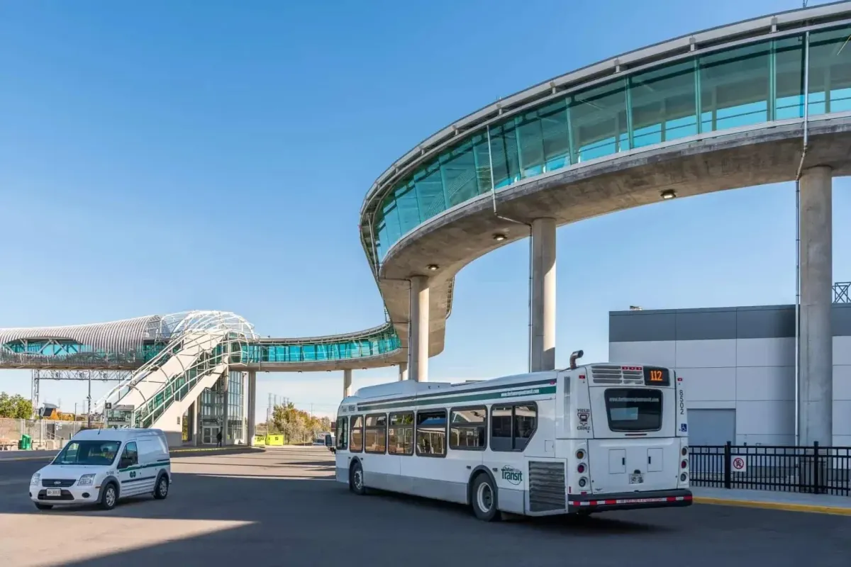 The Pickering GO Station pedestrian bridge and local transit bus stop.