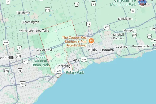 Map showing the geographical location of Pickering, Ontario, within the Durham Region.