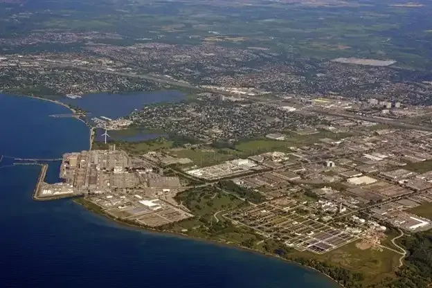 Aerial view of the Pickering waterfront, Lake Ontario, and the surrounding shoreline.