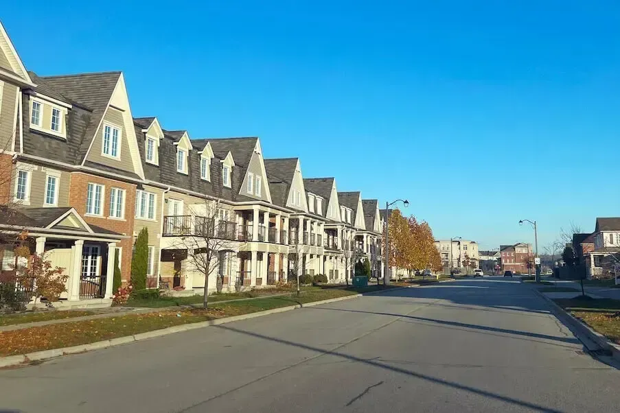 Modern residential street with newly built detached homes in Rural Pickering.
