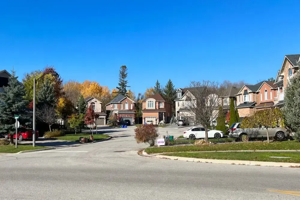 Scenic view of a residential crescent with mature trees in the Amberlea neighborhood.