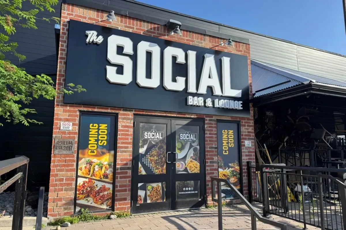 Exterior signage and entrance of The Social Bar and Lounge in Pickering, Ontario.
