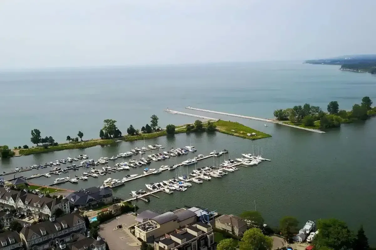 Aerial view of the marina and boats at Frenchman's Bay in Pickering.