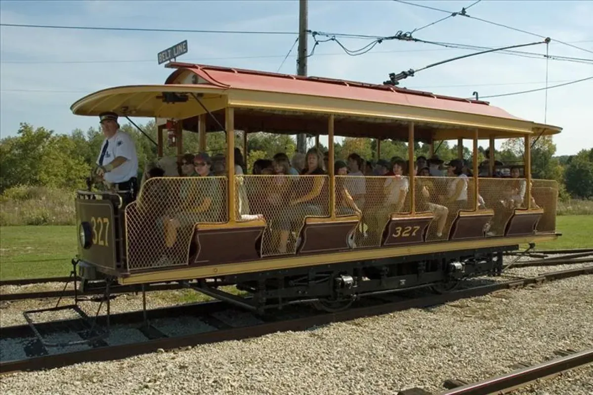 A vintage electric streetcar on the tracks at the Halton County Radial Railway museum in Milton, Ontario.