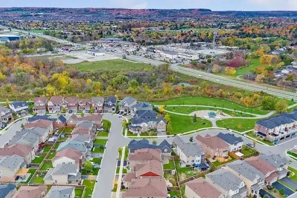 Expansive aerial view of a modern Milton residential community near the Escarpment.