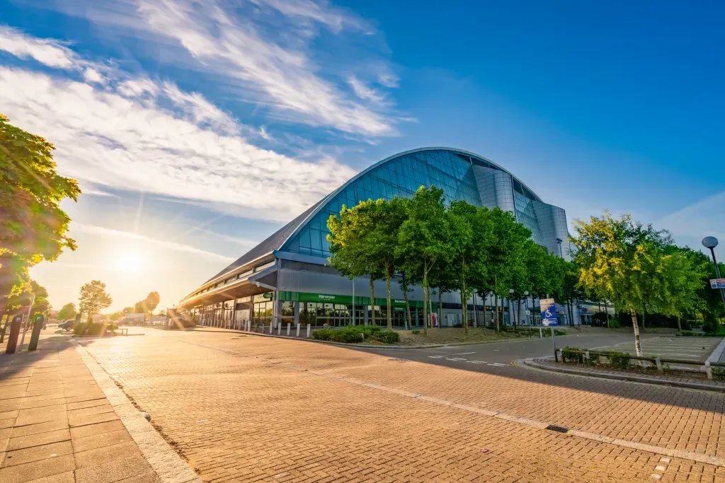 The modern exterior of the Mattamy National Cycling Centre and educational hub in Milton.