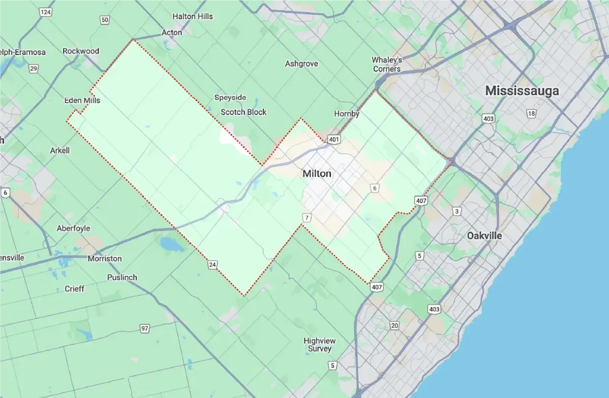 A regional map highlighting the location and boundaries of Milton within the GTA.