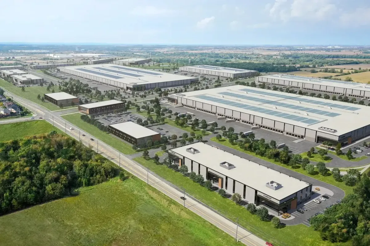 Aerial view of a major industrial and commercial business park in Milton, Ontario.