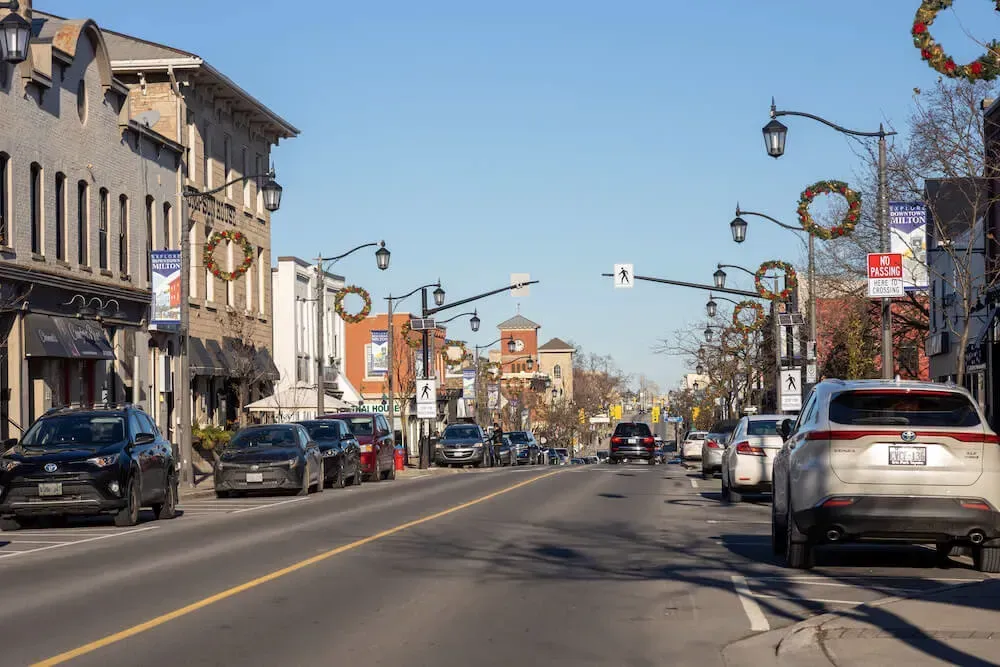 Looking down a historic commercial street in the heart of Old Milton.